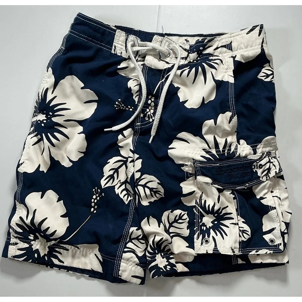 VTG Y2K Abercrombie Swim Trunks Navy Hibiscus Floral Cargo Board Shorts Mens L